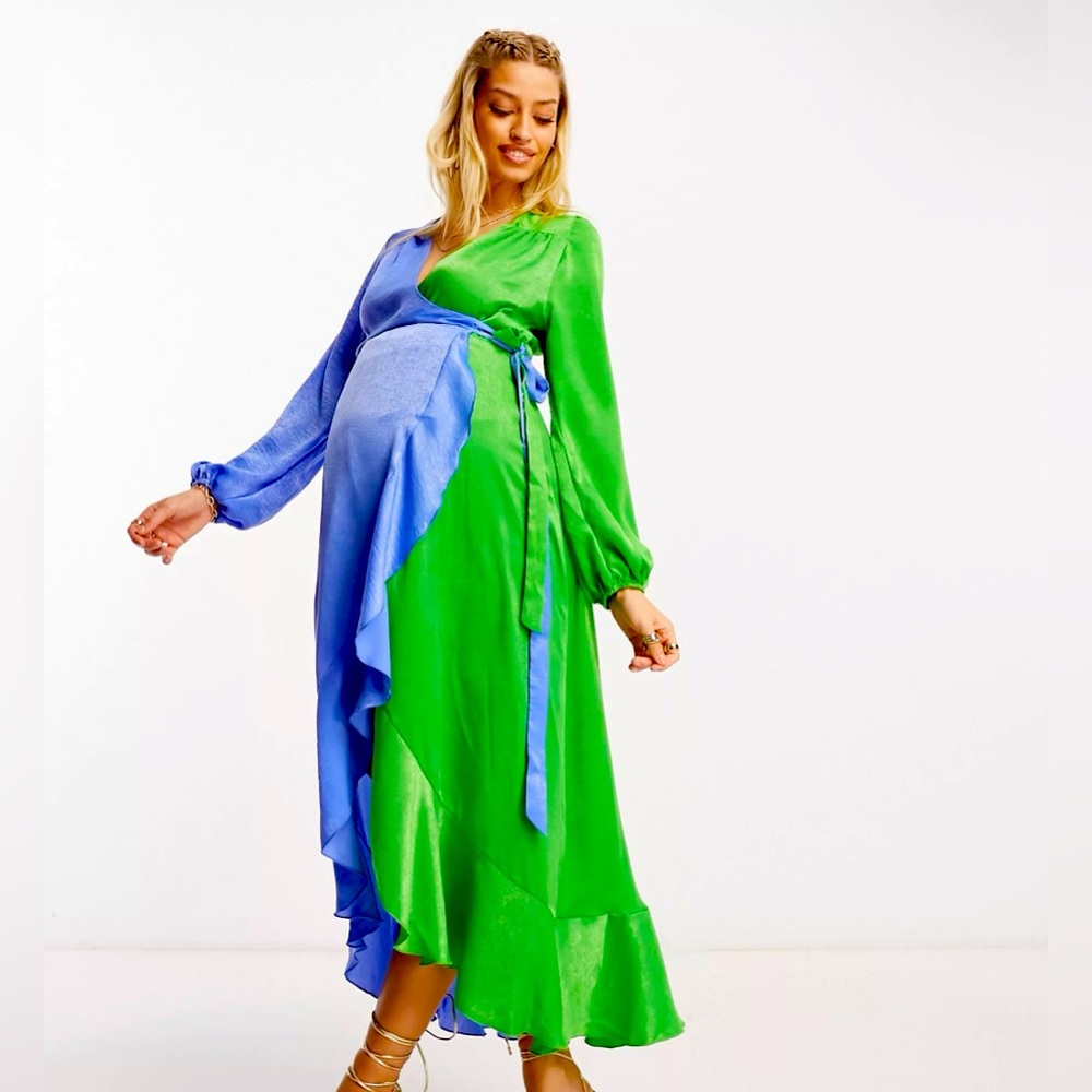 Flounce London Maternity balloon sleeve ruffle Maxidress in contrast blue&green